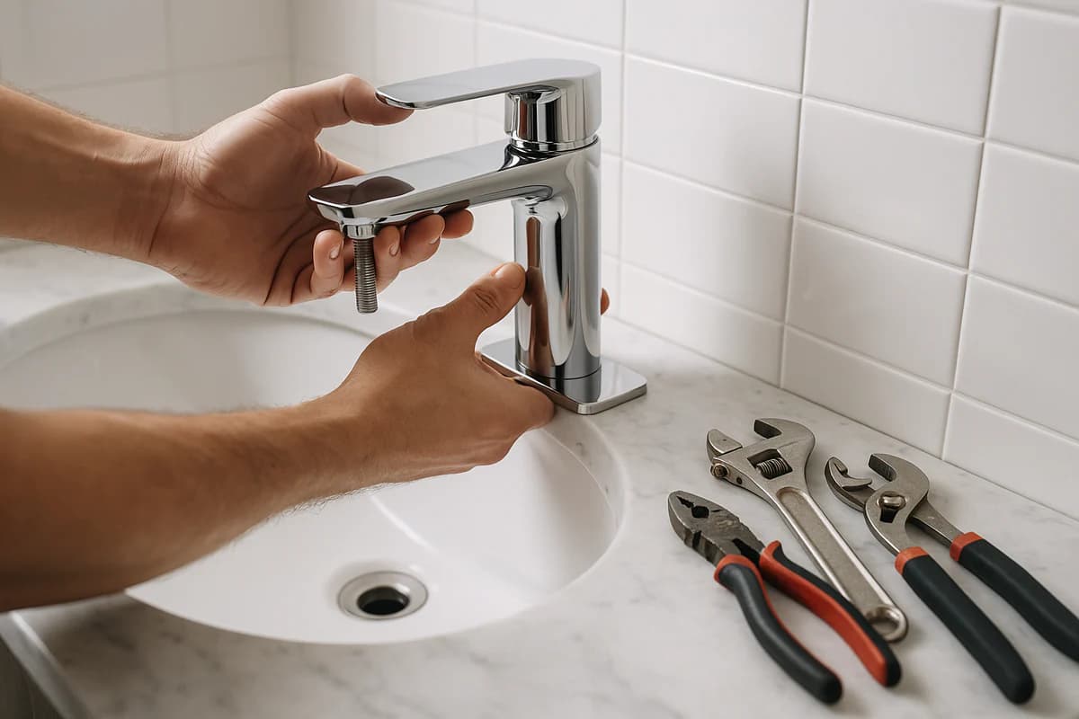 Plumber installing new bathroom basin taps in Moorebank